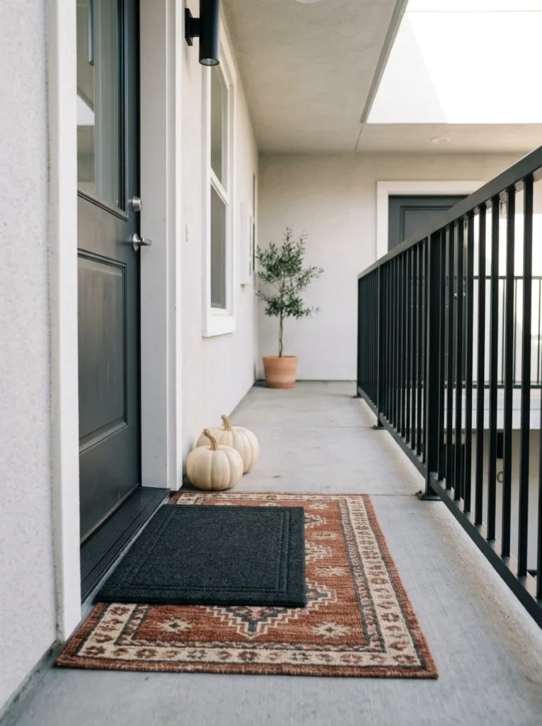 Layered outdoor rugs and cream pumpkins on a small apartment porch.