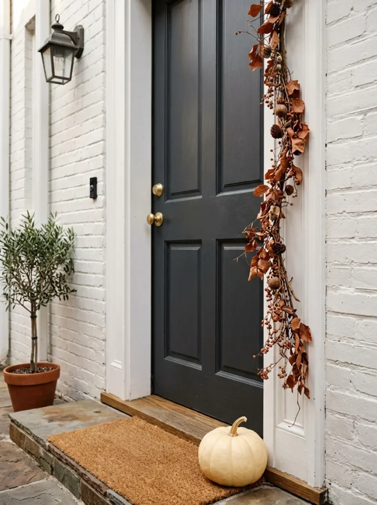  Subtle autumn accents around house numbers on a small entryway.