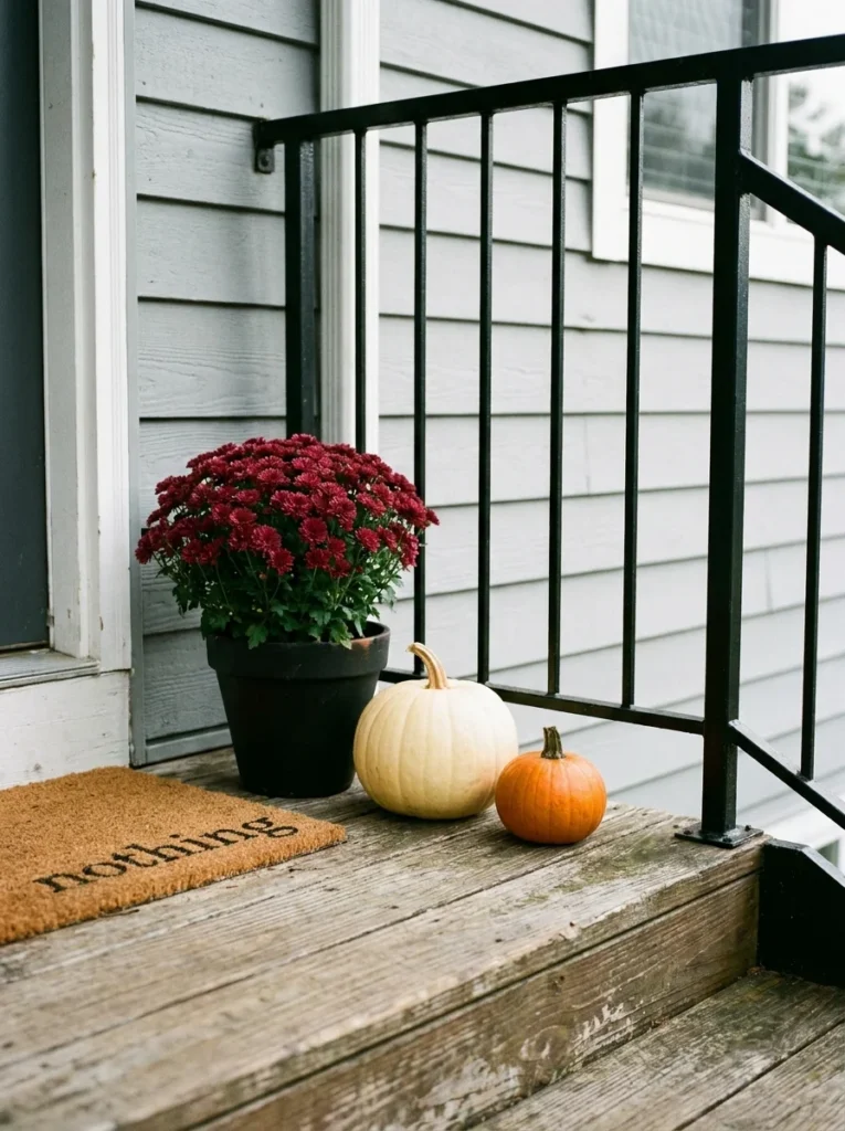 A tiny apartment porch uses three simple pieces for a neat fall display.