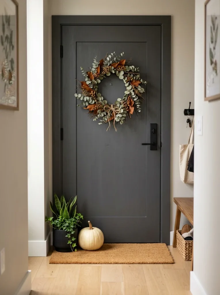 A simple wreath and pumpkin create fall porch decor for a tiny entryway