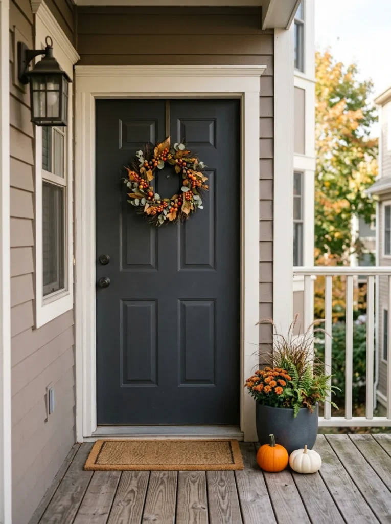 Renter-friendly fall porch setup with a wreath, pumpkins, mat, and planter.