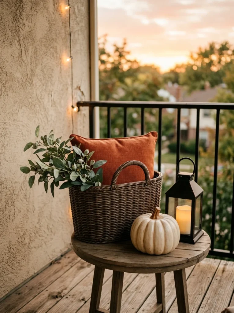 Woven basket with a rust cushion and pumpkin on a cozy apartment porch.