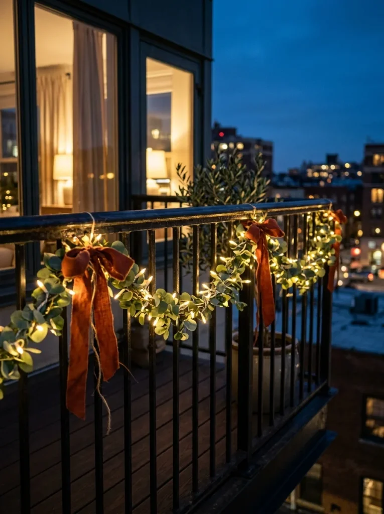 Warm fairy lights and eucalyptus decorating a small apartment porch railing.