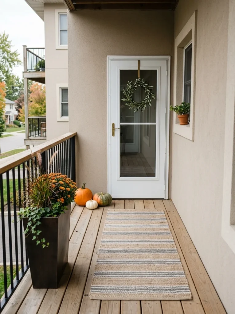 Properly scaled apartment fall porch decor with an open doorway and clear walkway.