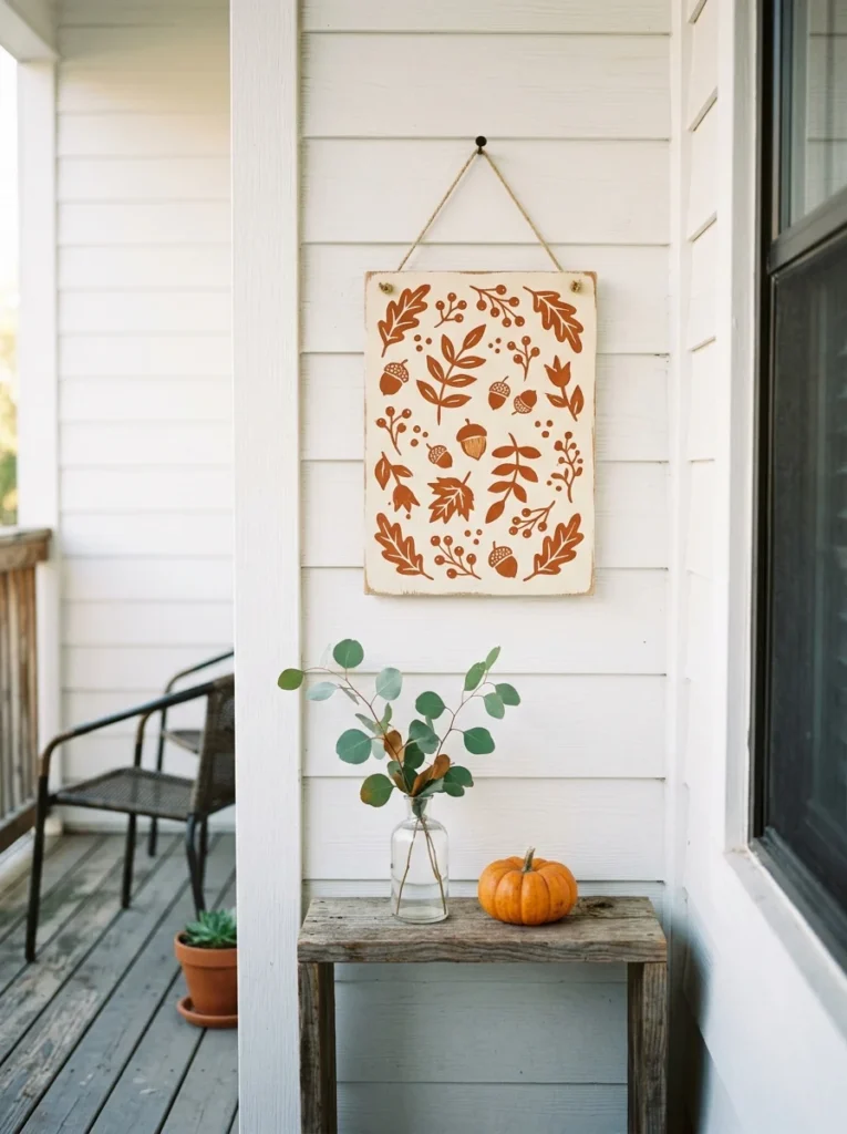 Small neutral seasonal sign with eucalyptus and pumpkin on a compact porch.