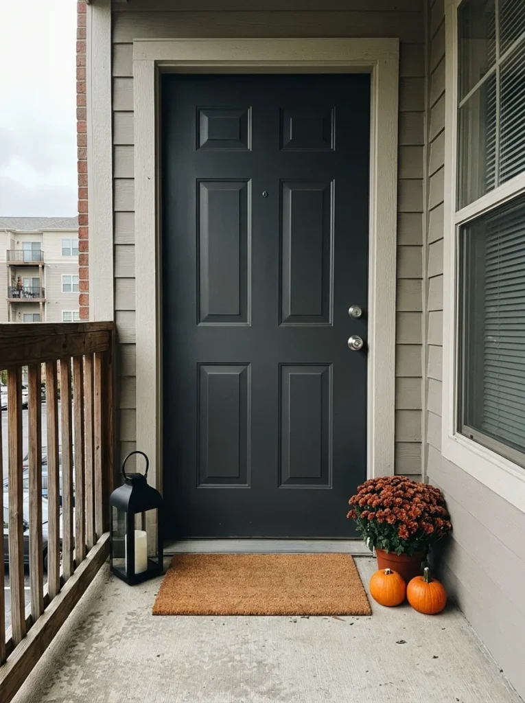 Small fall porch lantern idea beside a coir welcome mat