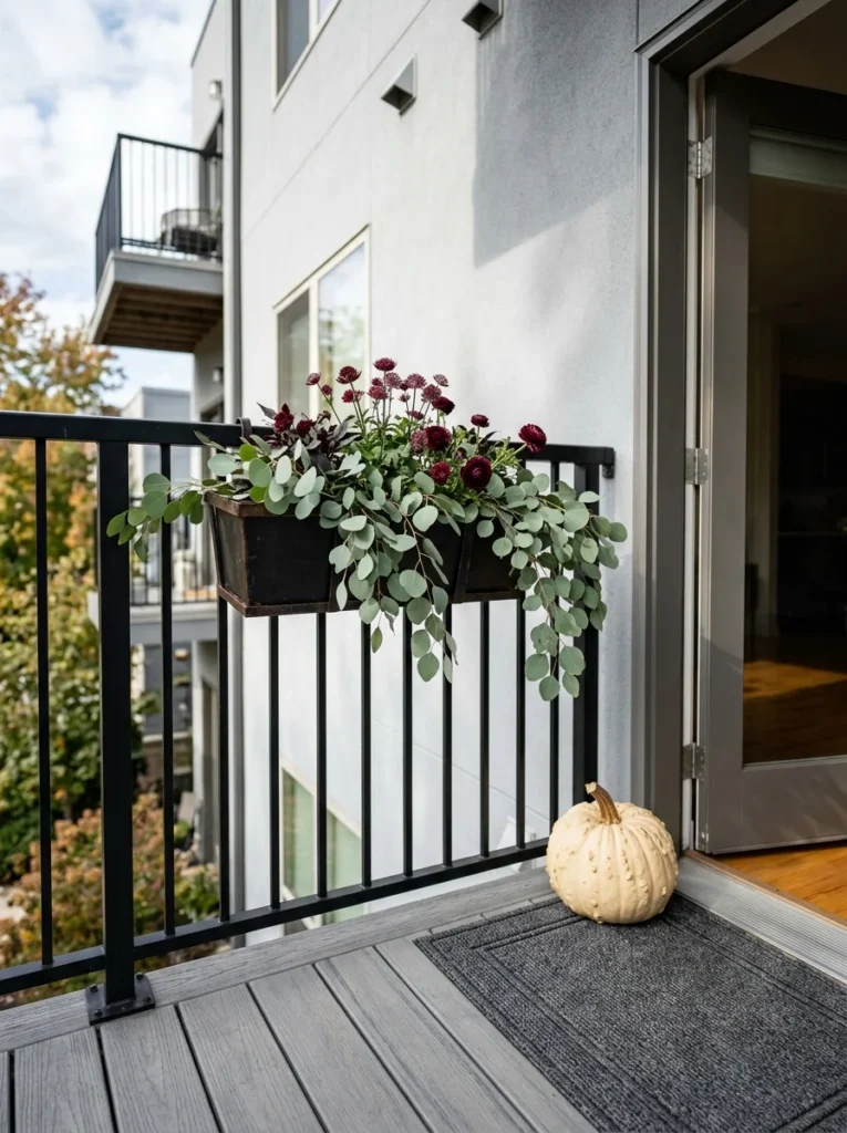 Hanging greenery and burgundy flowers on a modern apartment porch.