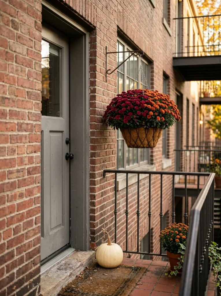 Hanging mum basket adding fall color to a compact apartment porch.