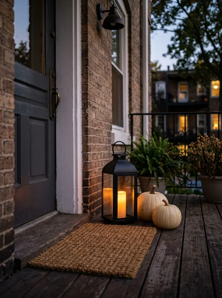Black lantern and cream pumpkins creating cozy apartment fall porch decor.