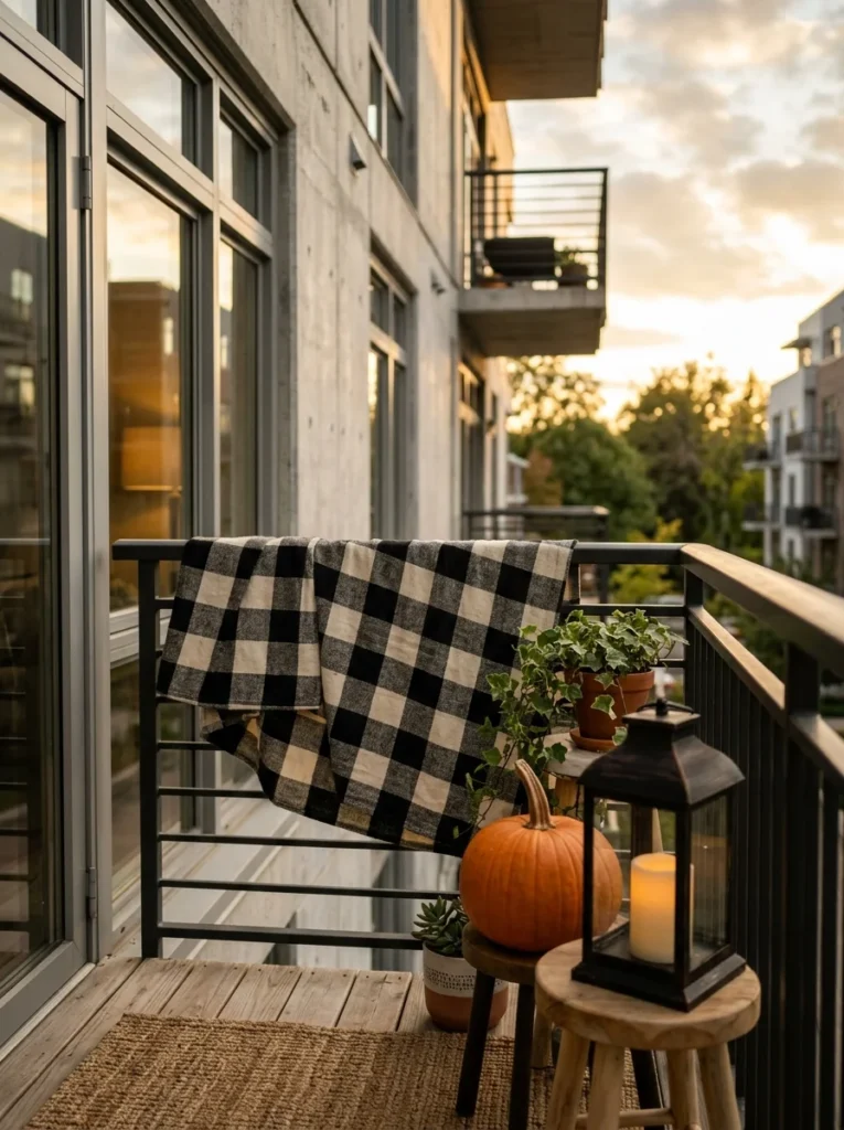 Plaid fabric accent and pumpkin creating renter-friendly fall porch decor.