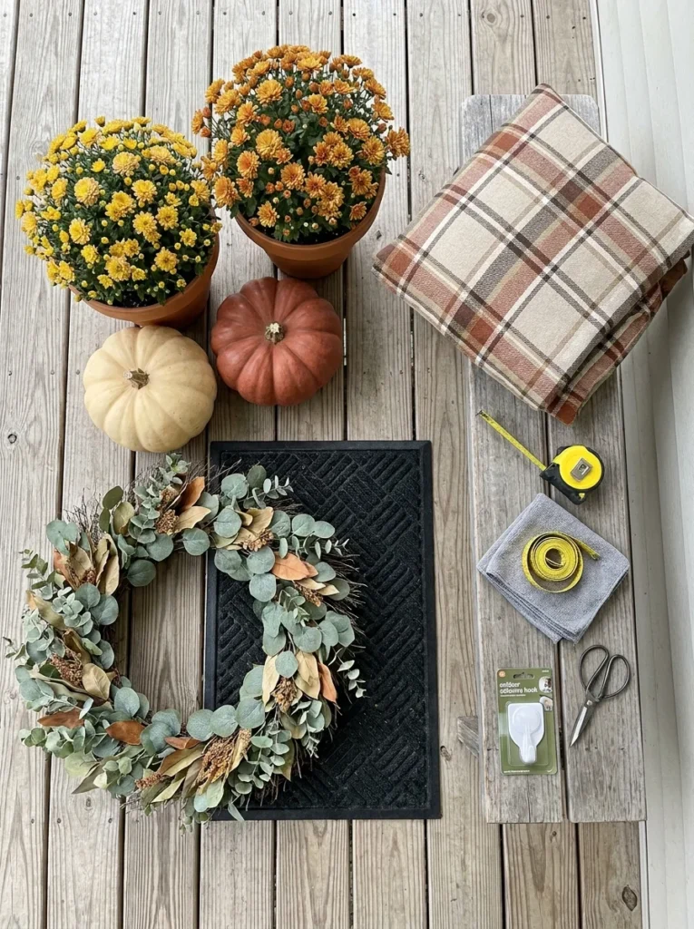 Fall porch decorating supplies arranged for a small entryway.