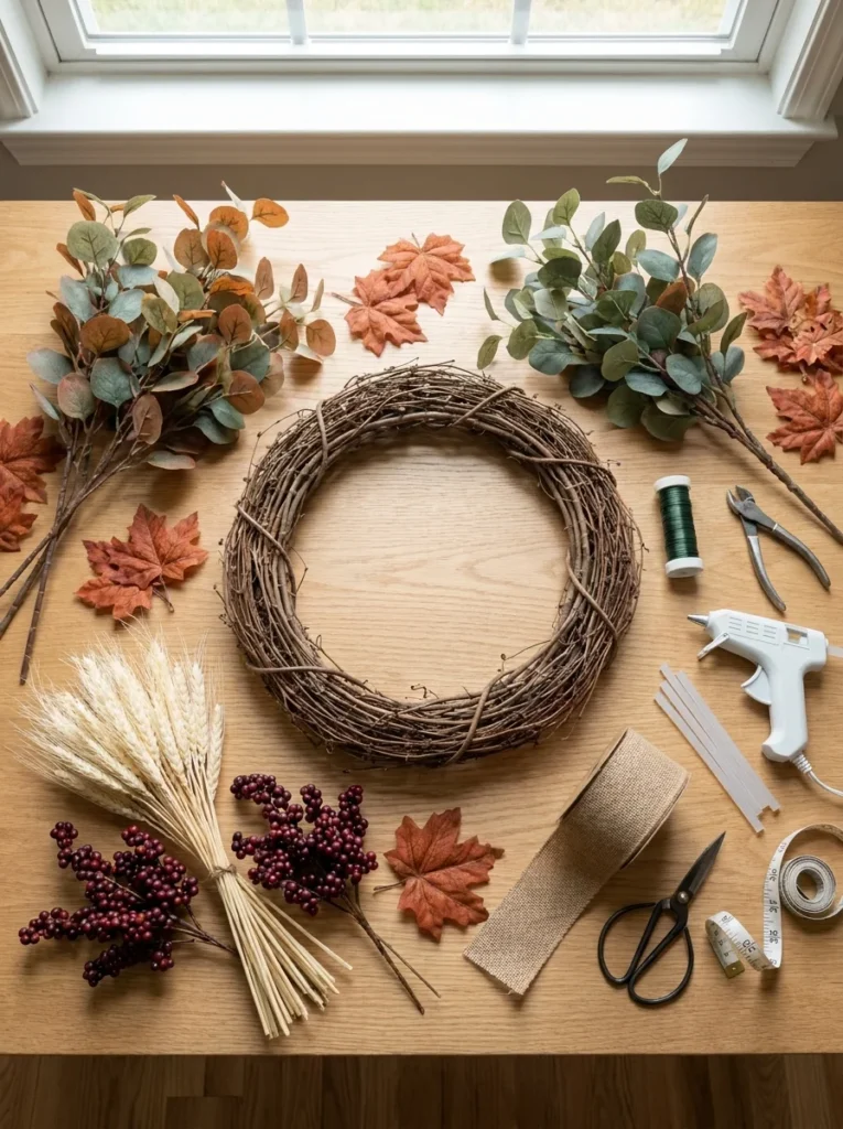 Materials and tools for making a DIY fall porch wreath.
