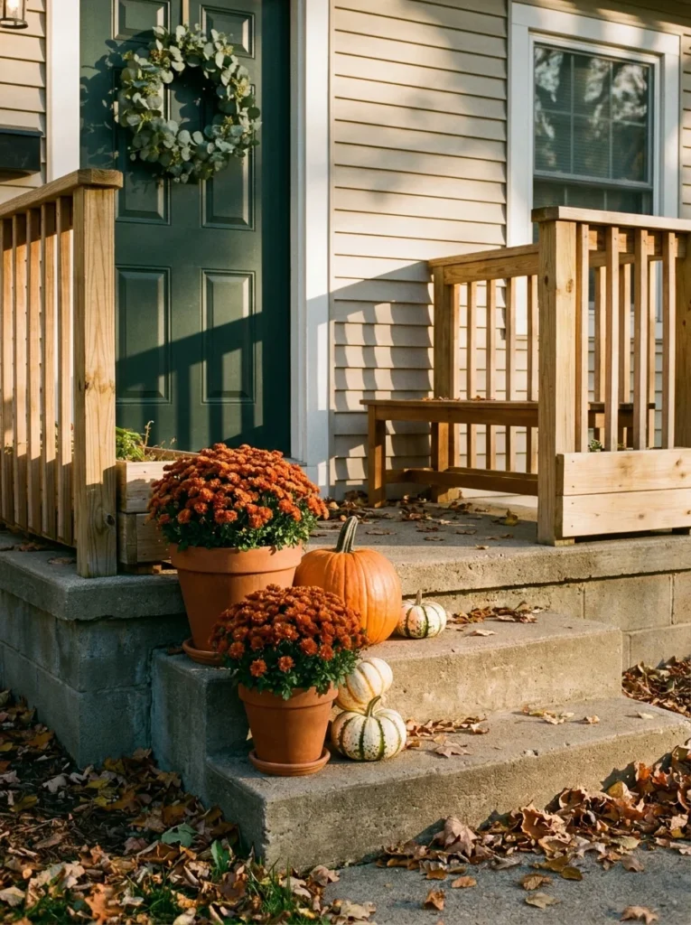 Mums and pumpkins being arranged beside the door for a small fall porch.