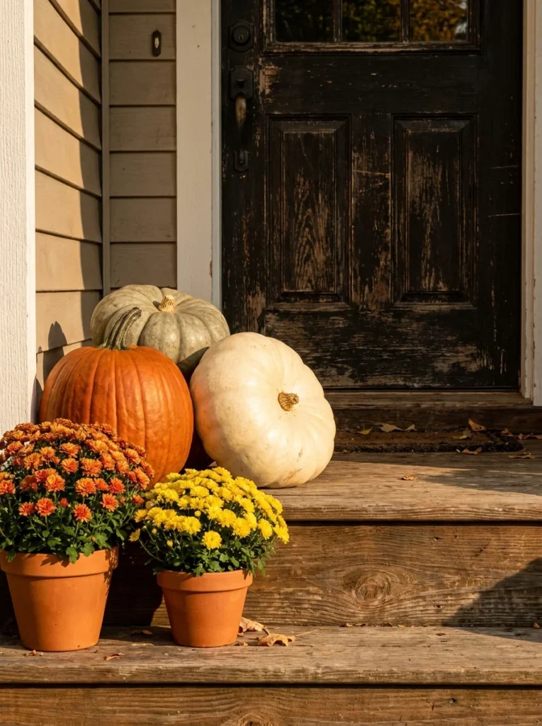 Large pumpkins being arranged as the foundation of a layered fall porch display.