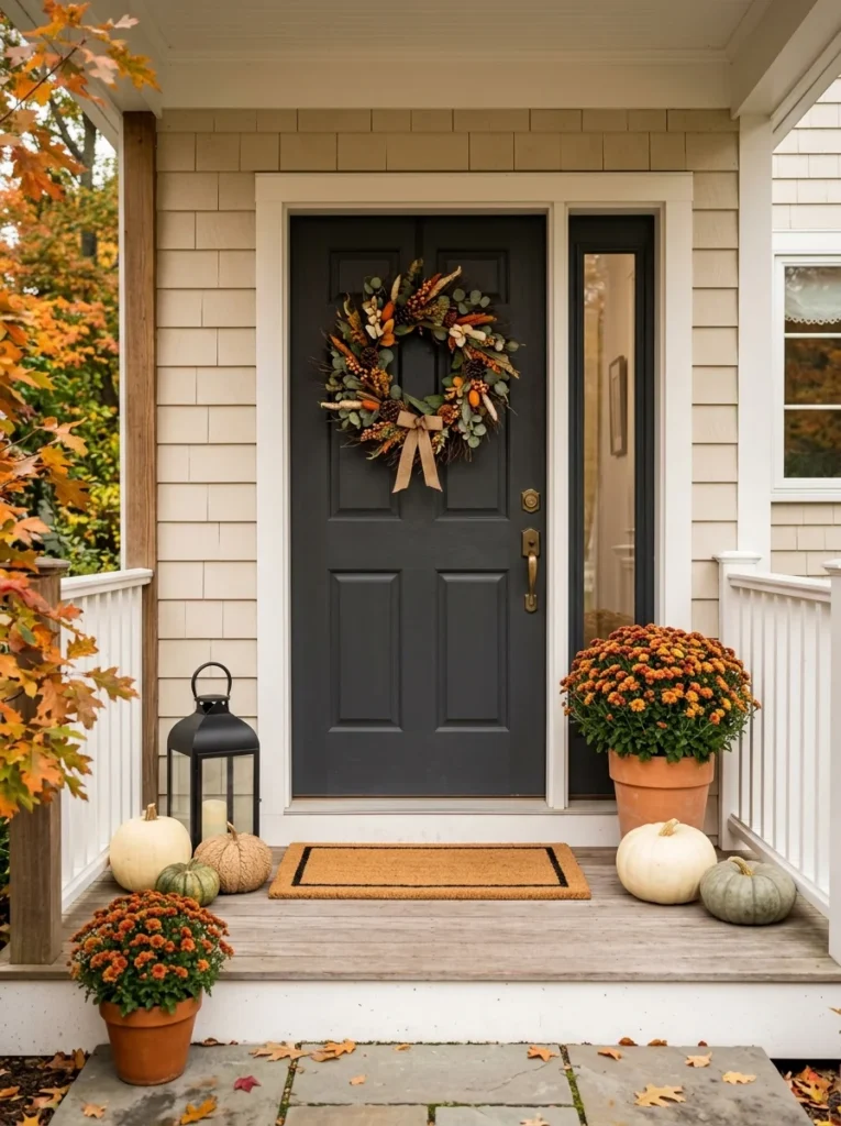 A neat autumn front entrance shows practical fall porch decor ideas