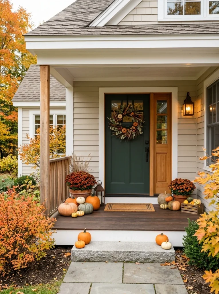A balanced autumn porch arrangement shows how to avoid clutter and oversized decorations