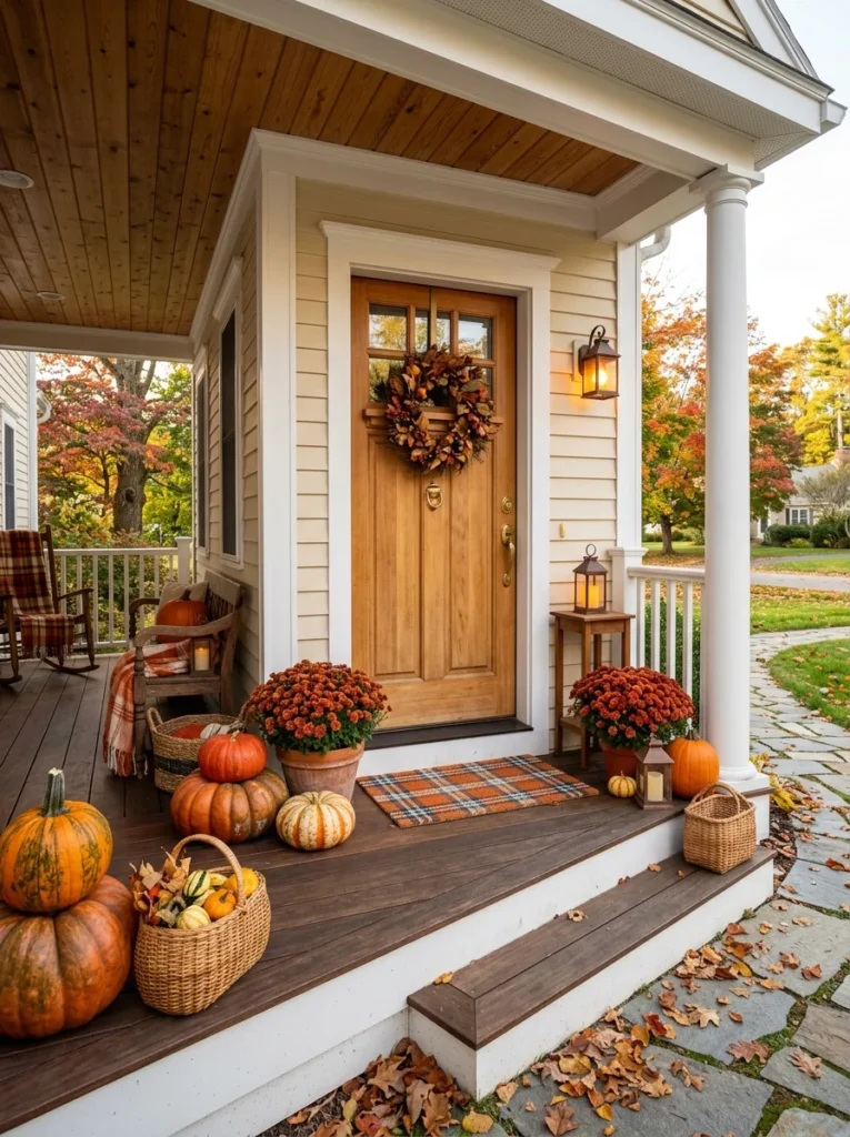 Cozy fall porch decor with pumpkins, mums, baskets, and warm lanterns around a welcoming front door
