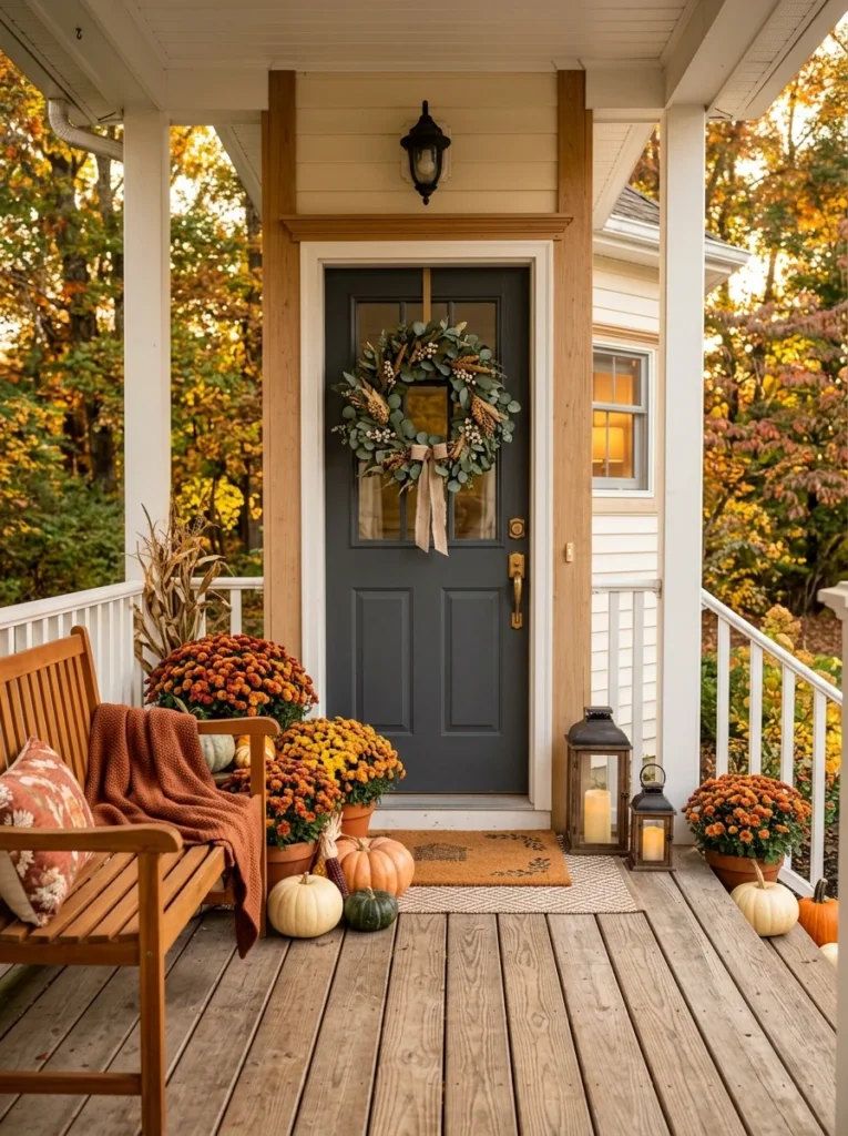Warm front porch fall decor ideas with pumpkins, mums, lanterns, and a welcoming autumn wreath