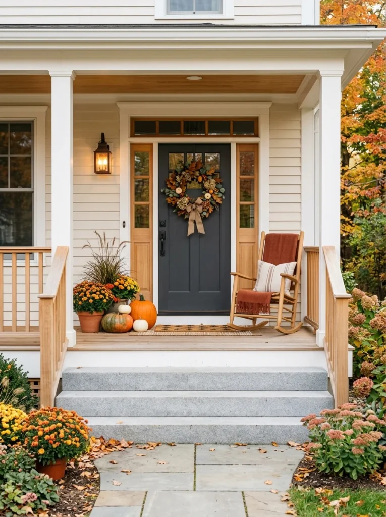 A balanced autumn porch shows practical ways to avoid clutter