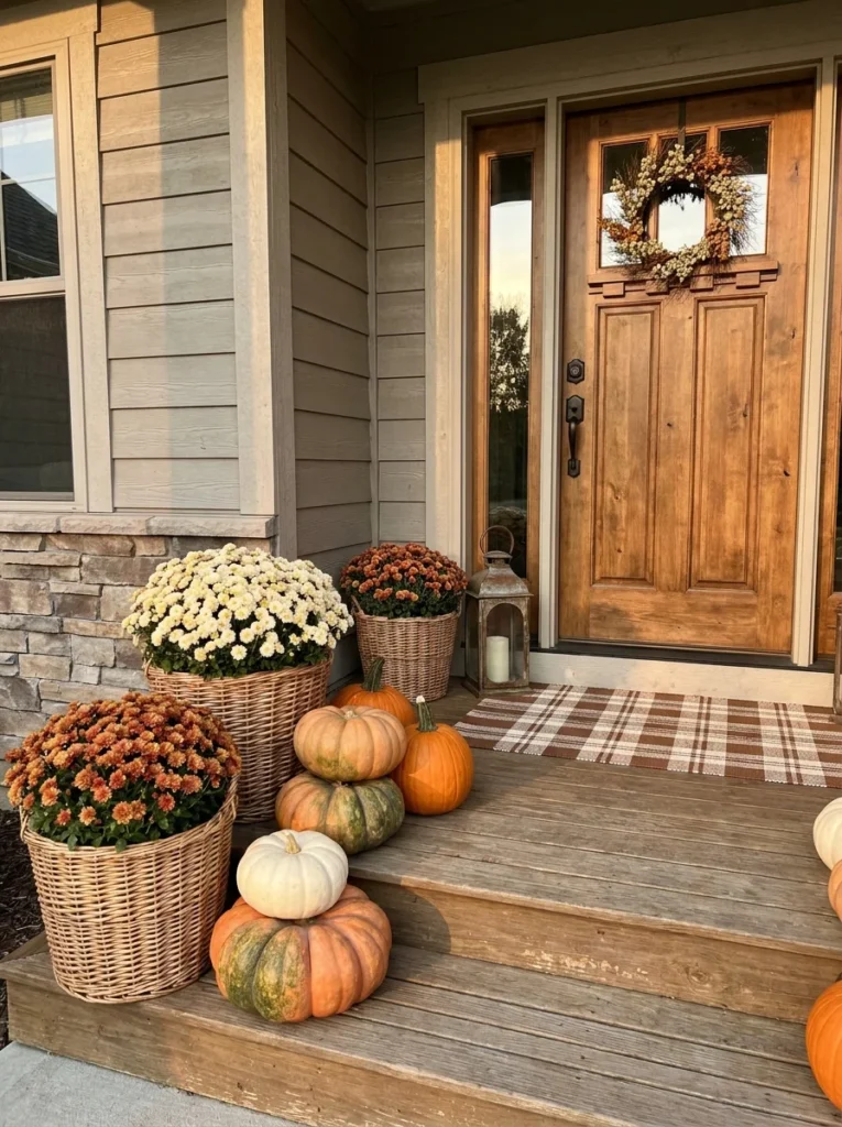 Classic fall porch mums and pumpkins arranged around a natural wood front door.