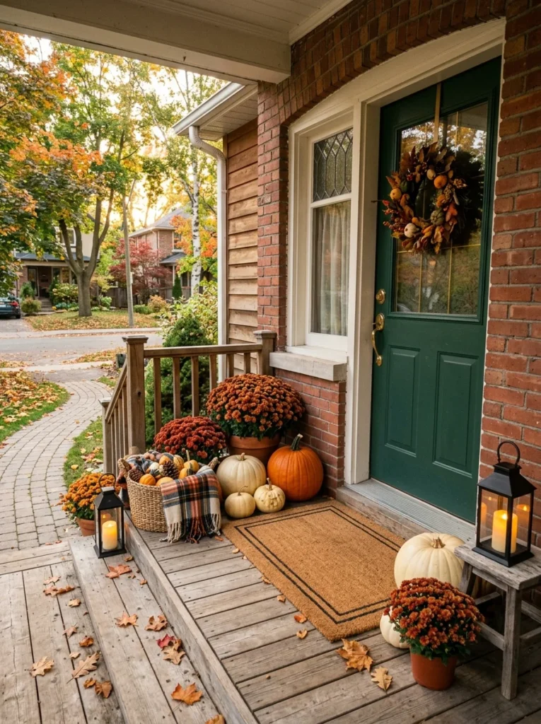 Cozy fall front porch ideas with pumpkins, mums, warm lanterns, and layered autumn textures.
