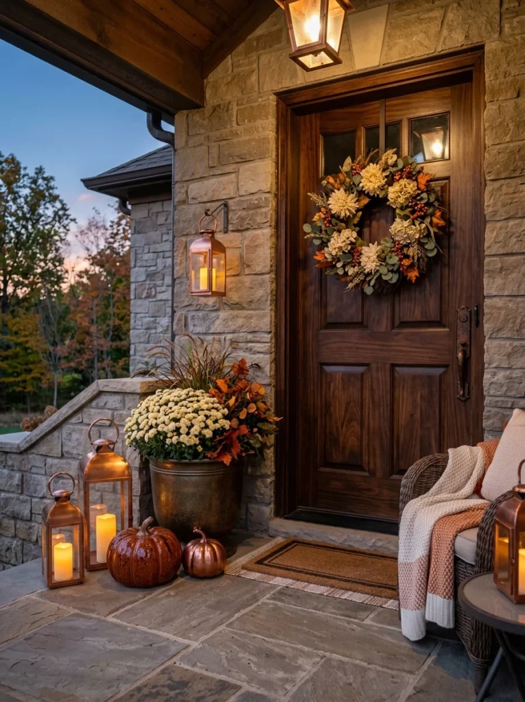 Copper accents and cream mums on a warm autumn porch