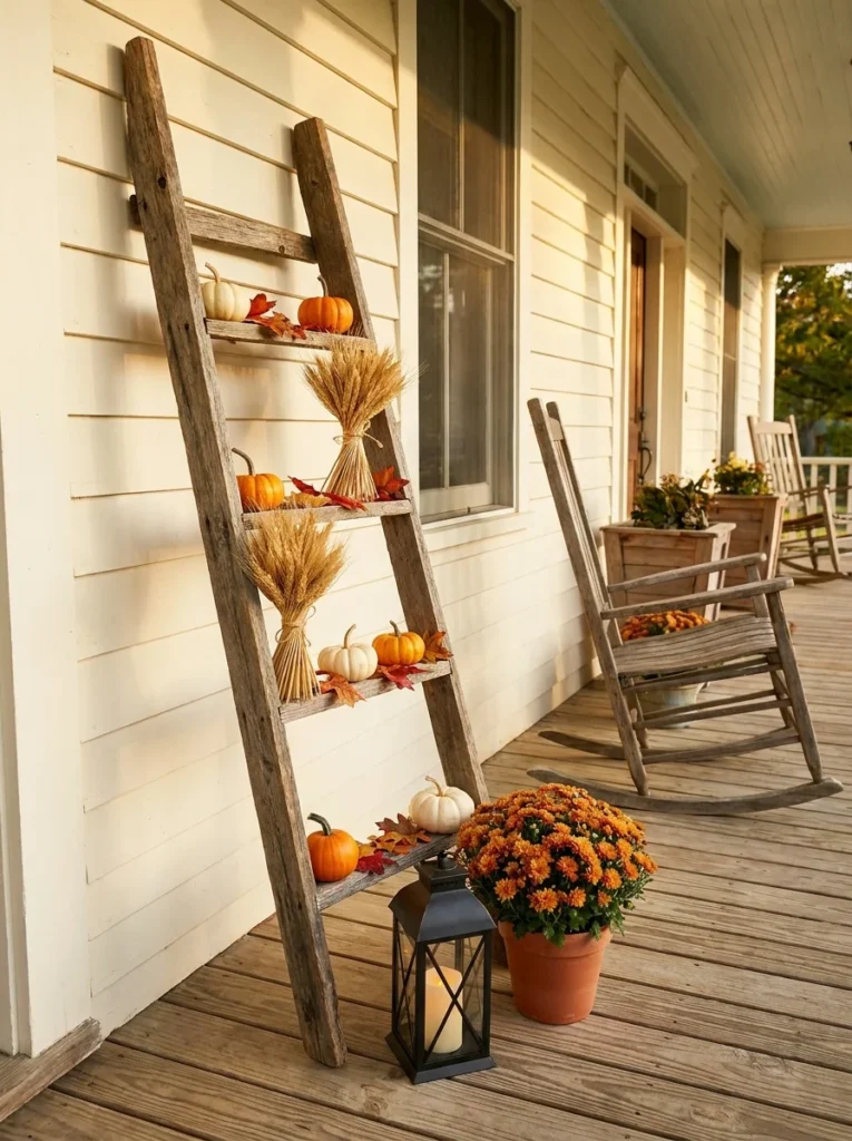 Rustic ladder decorated with pumpkins and dried wheat for fall porch decor