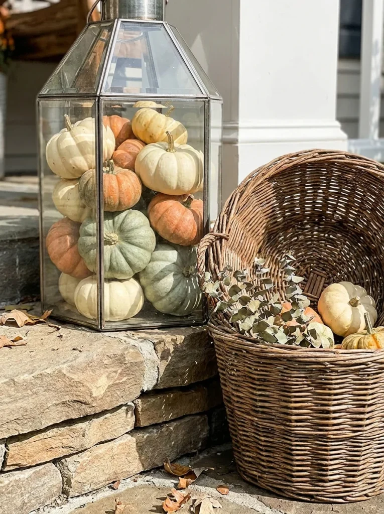 Glass lantern filled with mini pumpkins for fall porch decoration