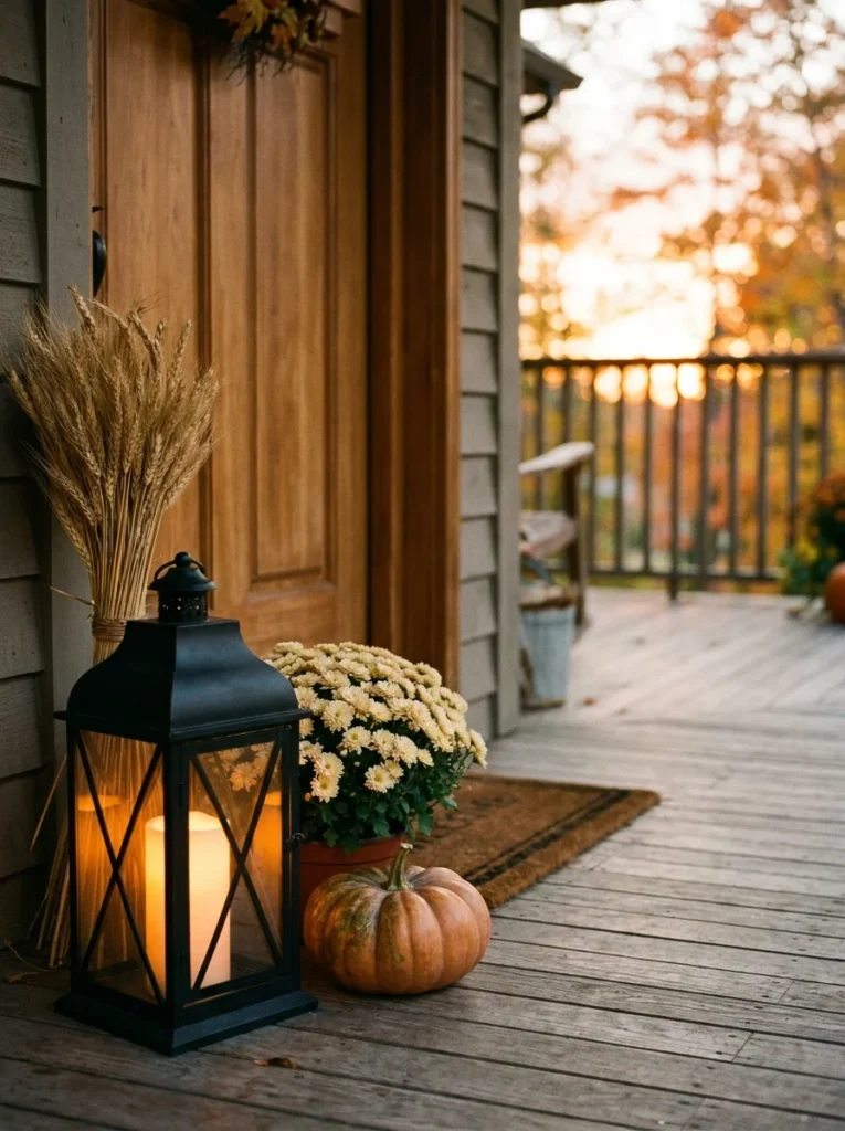Black lantern and cream mums adding warm light to a fall porch