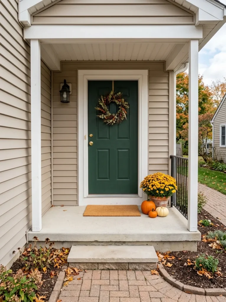 A tidy small porch showing practical ways to avoid common fall decorating mistakes.