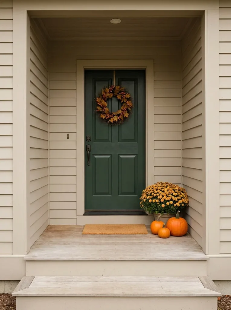 A tidy porch showing simple ways to avoid common autumn decorating mistakes.