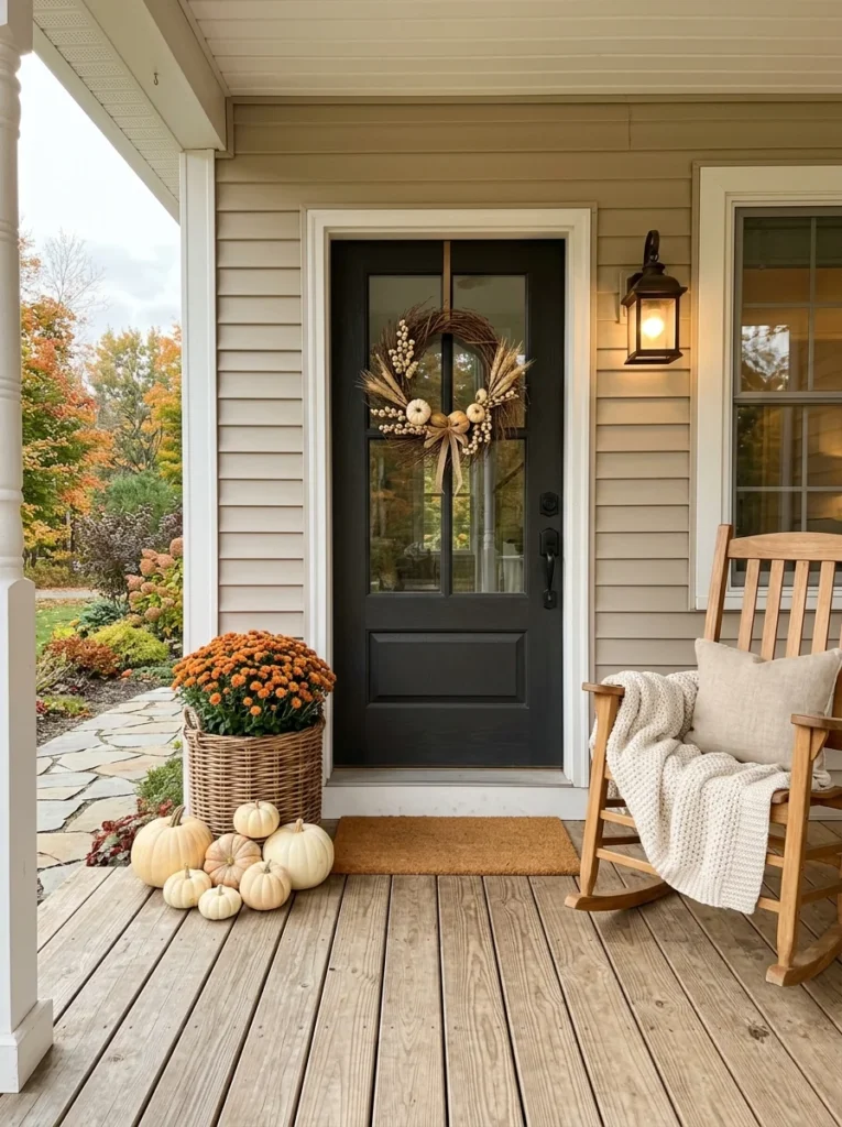 Simple autumn porch decorating ideas for a small home entrance.