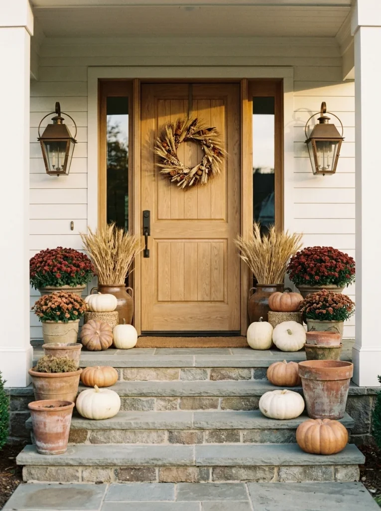 Refined fall harvest porch decor in cream, rust, green, and brown