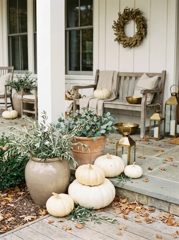 Balanced neutral fall porch decor uses cream, taupe, olive, wood, and brass accents.