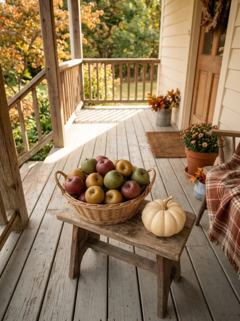 Woven basket of faux apples creating an unusual autumn porch accent.