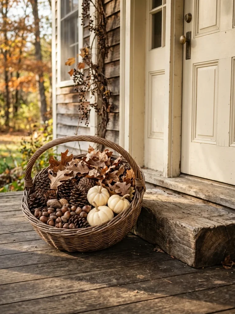 A woven basket filled with pinecones and mini pumpkins adds simple rustic autumn texture.