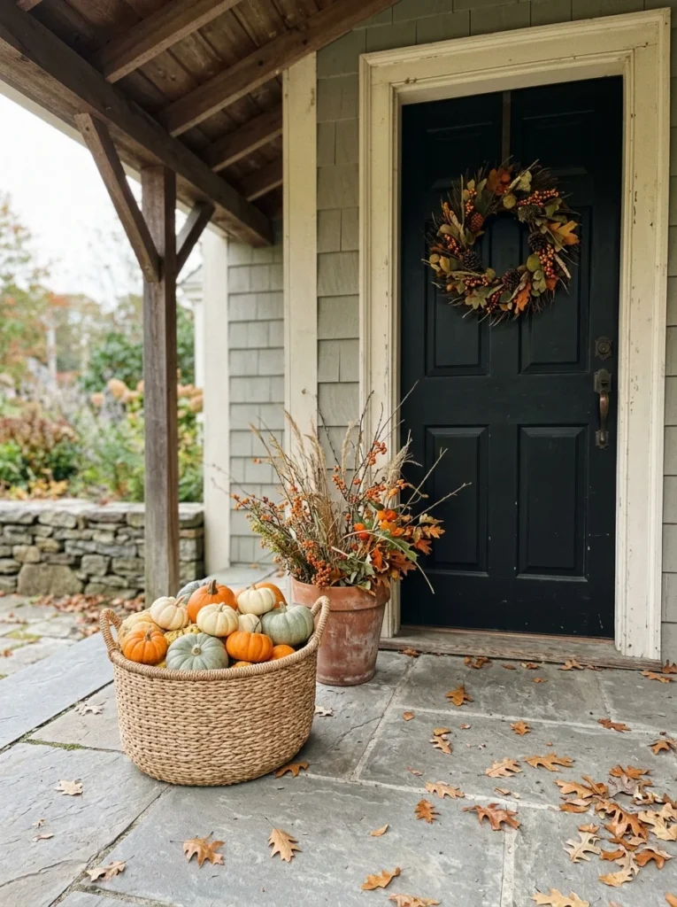 A woven basket filled with mini pumpkins for an inexpensive autumn porch.