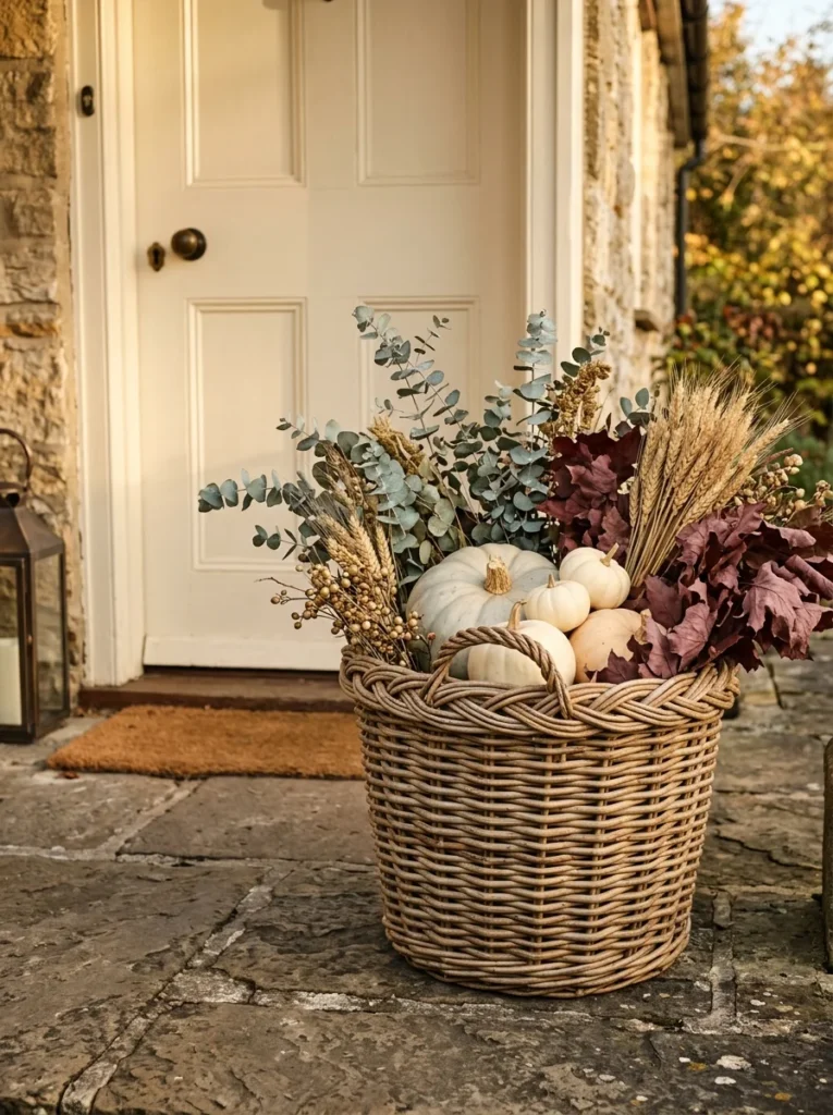 Woven harvest basket filled with pumpkins and dried autumn foliage