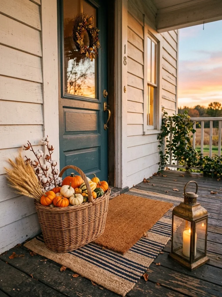 Woven harvest basket filled with pumpkins and dried stems beside a front door.