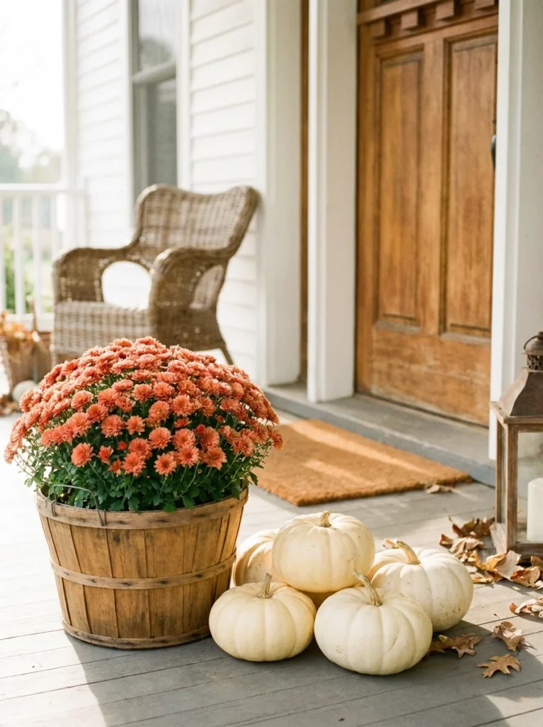 A vintage woven basket gives an orange mum a cozy fall porch look.