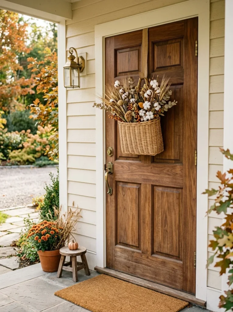 A woven basket of dried wheat gives a rustic country feel to a fall front door.