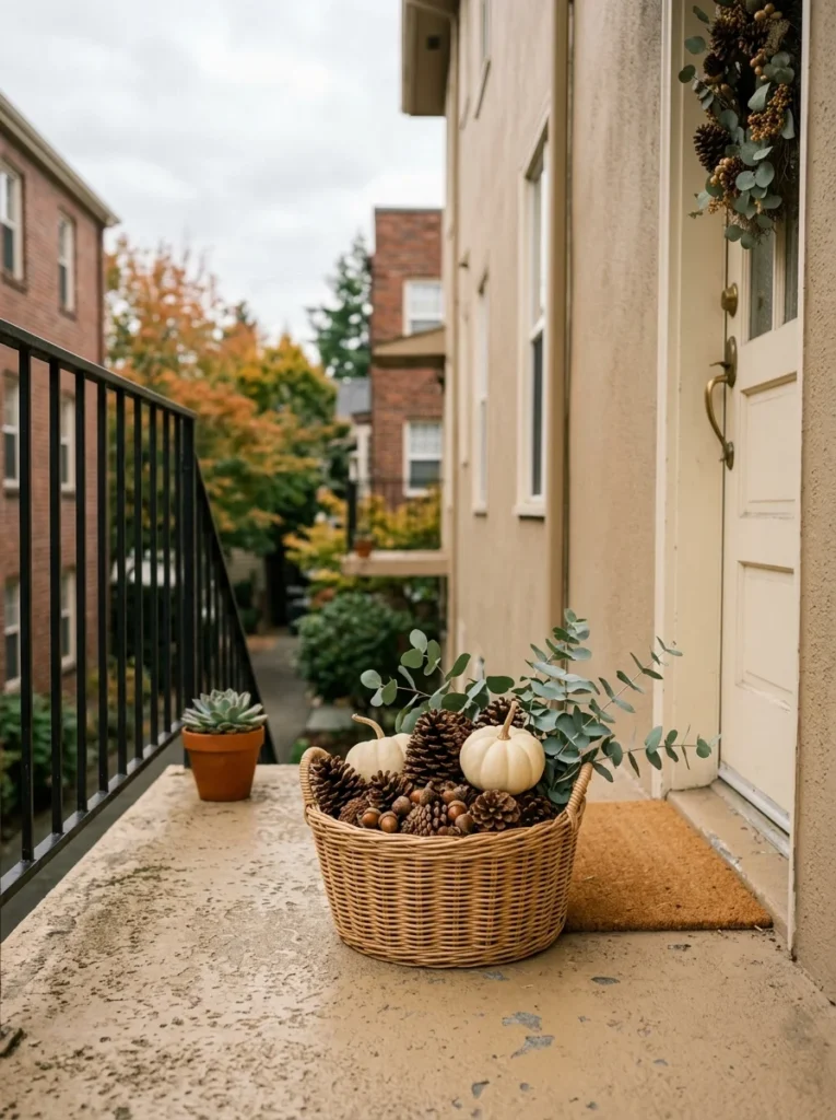 Pinecones and cream pumpkins in a woven basket for understated fall decor.