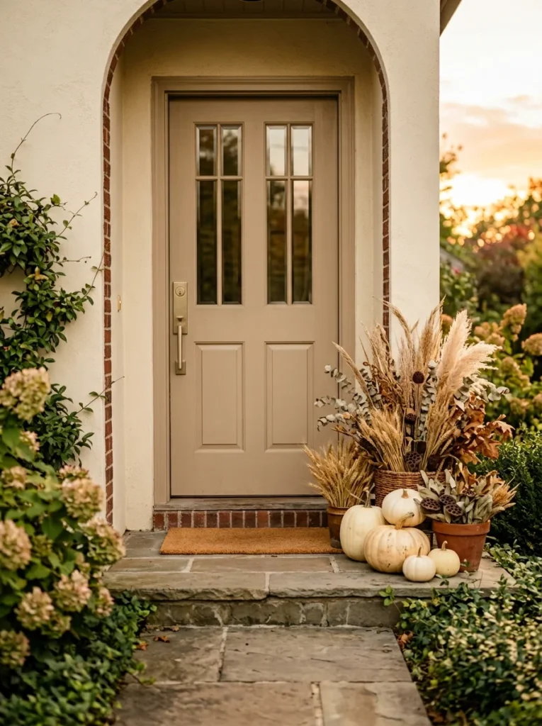 Brushed brass hardware adds warmth to a neutral autumn front entry.