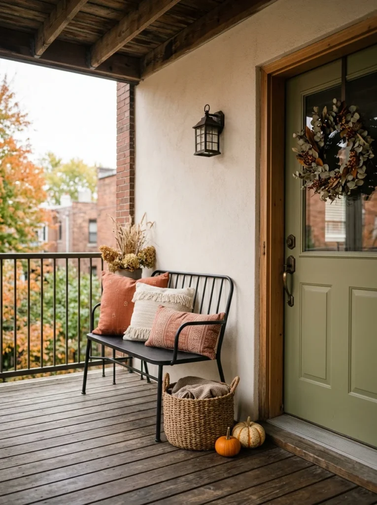  Small porch bench styled with rust pillows and autumn accents
