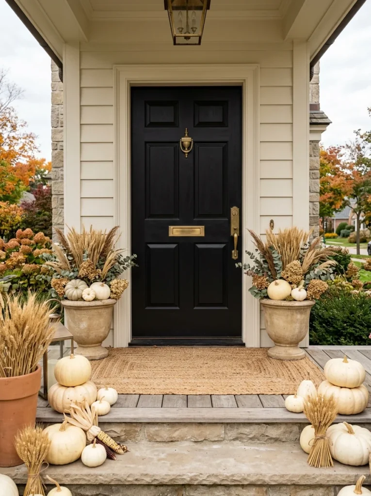 A black front door provides contrast in a neutral fall porch decor scheme.