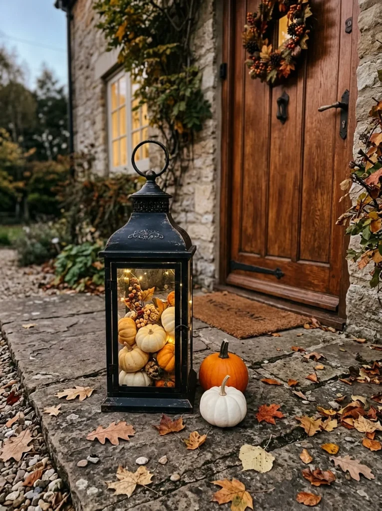 Tall black lantern filled with miniature pumpkins on a fall porch.