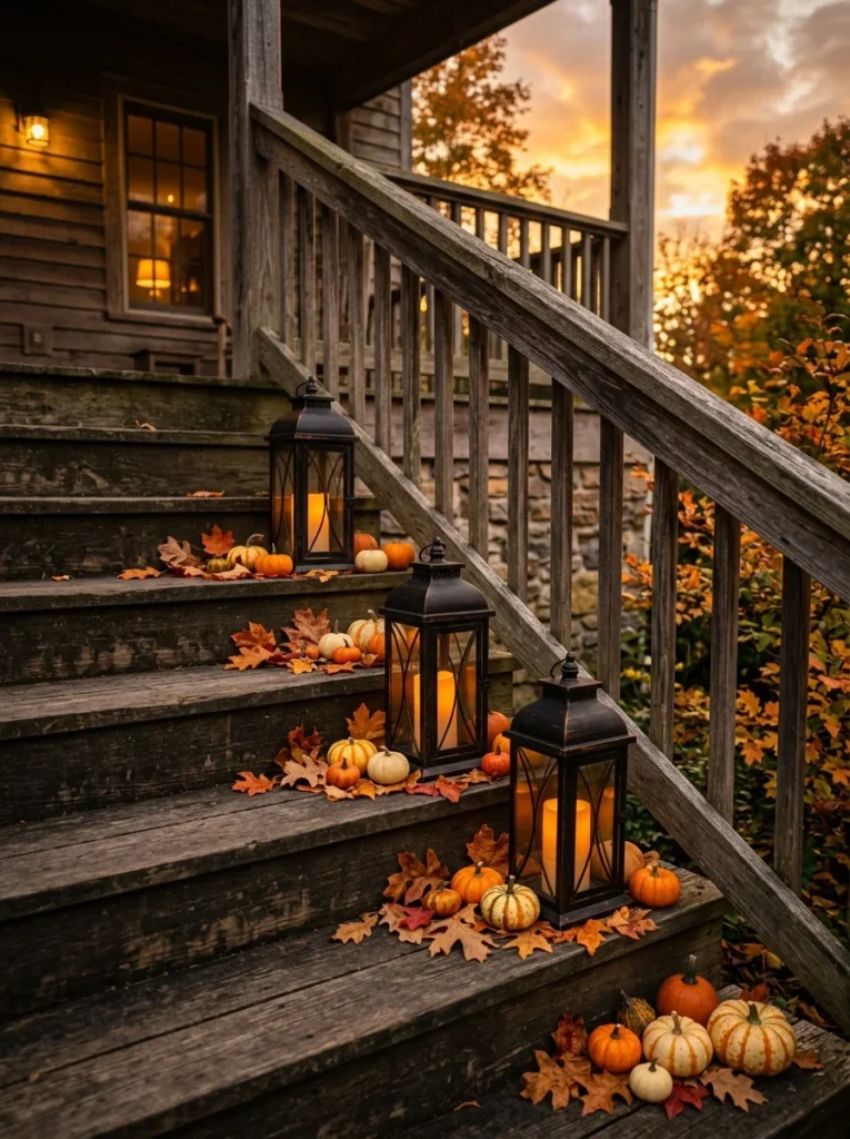Rustic lanterns and pumpkins decorating farmhouse porch steps.