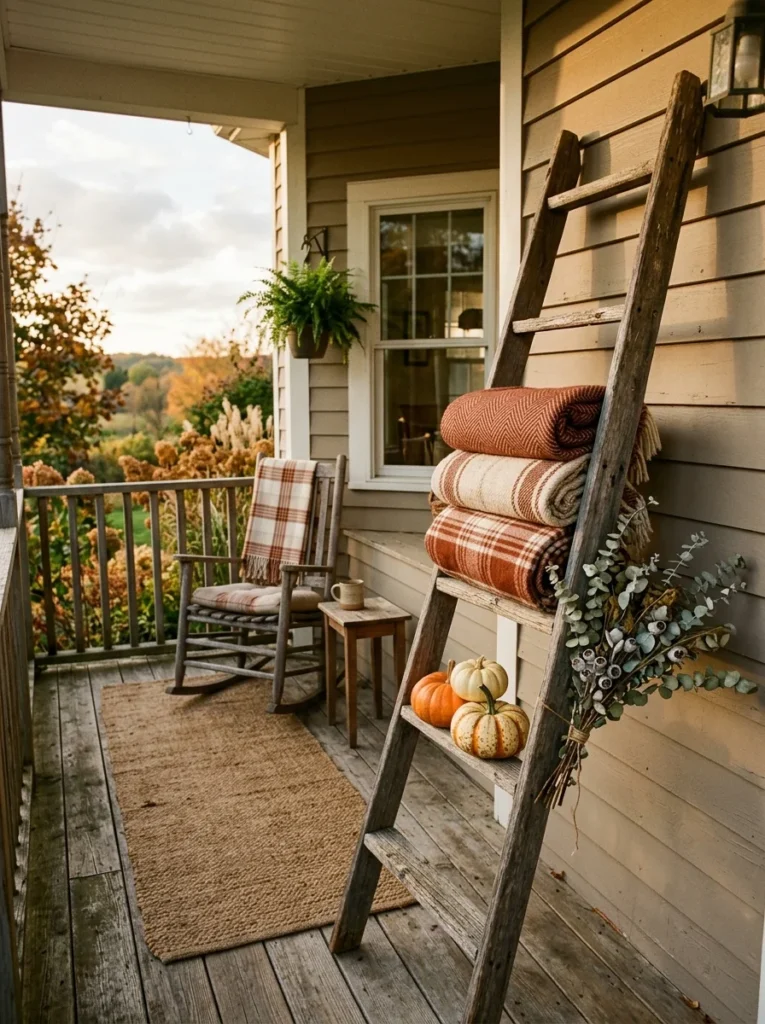  A vintage ladder adds vertical layers to rustic fall porch decor