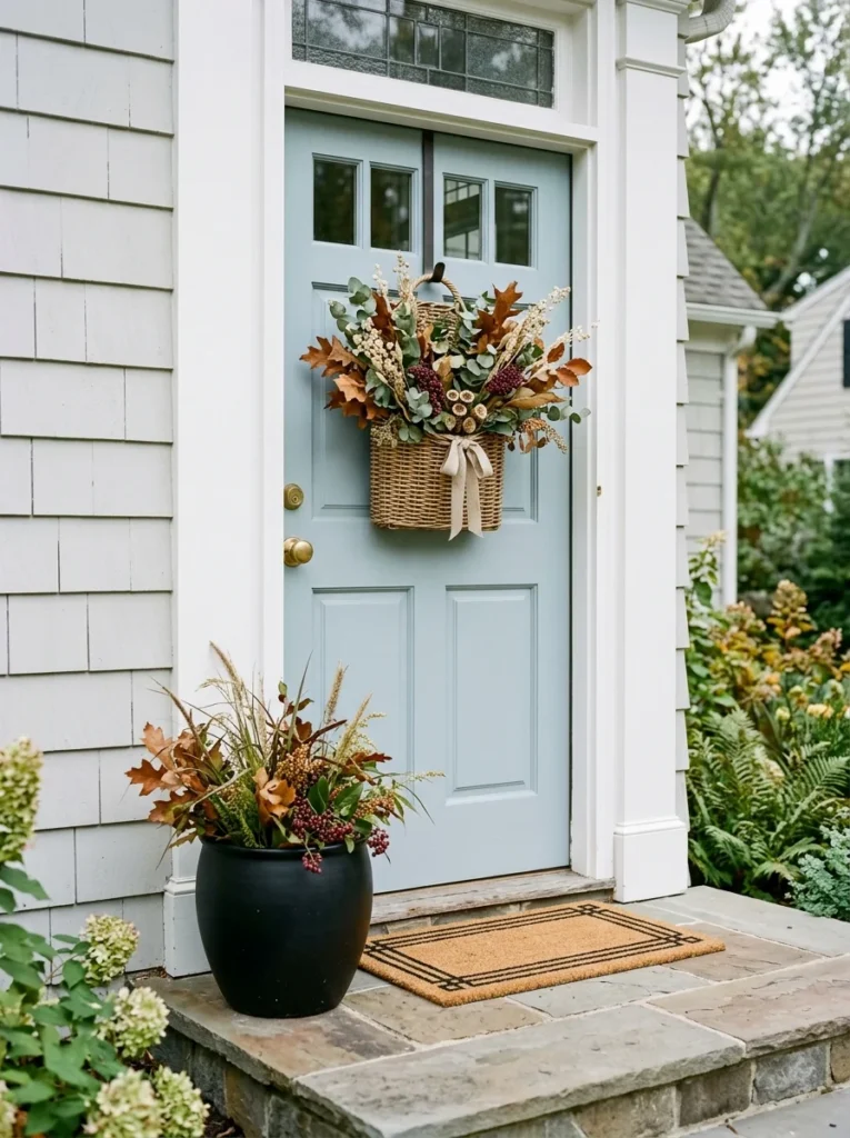 A woven foliage basket adds soft texture to a small autumn porch entrance