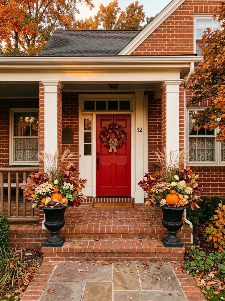  Pumpkin porch decor ideas using matching planters filled with pumpkins and autumn foliage.